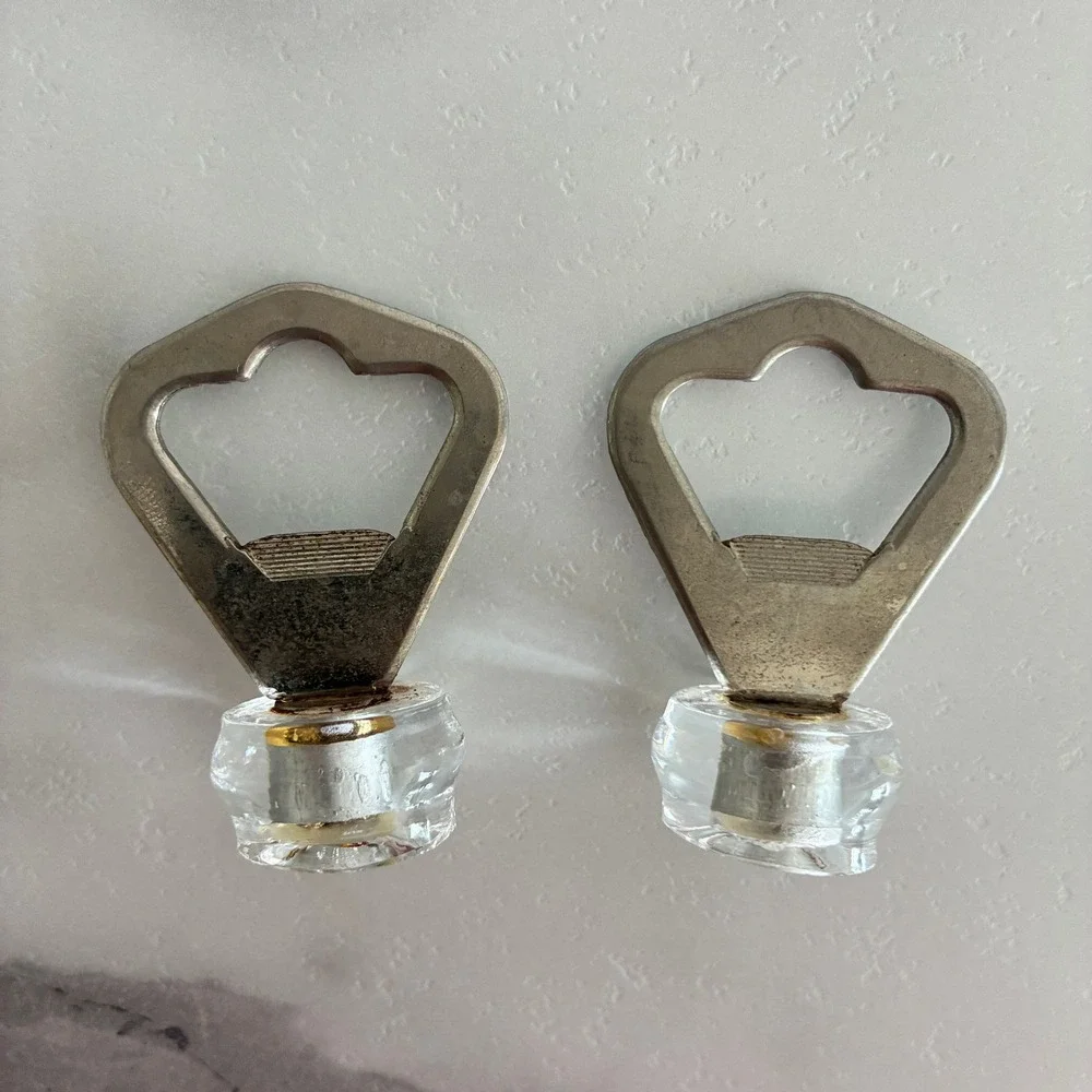 Vintage Bottle Opener Glass Stopper Set of 2 Silver Metal Barware Tools